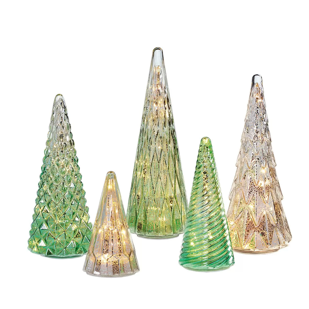Ensemble de 5 arbres en verre avec lumières DEL en vert