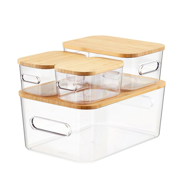 Smart Store - Paquet de 4 bacs transparent avec couvercles en bambou
