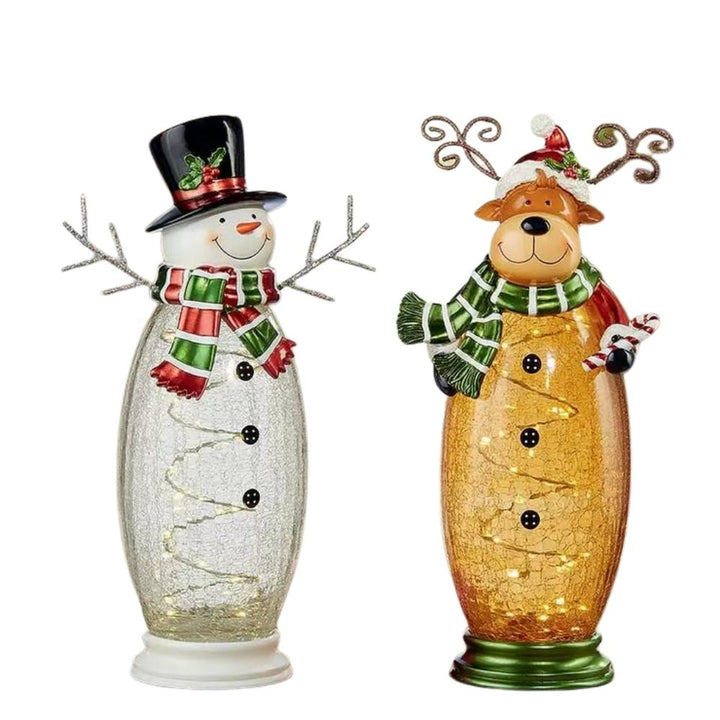 Ornement bonhomme de neige et orignal en verre craquelé d'intérieur de 8 po