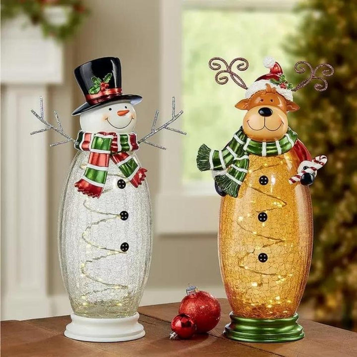 Ornement bonhomme de neige et orignal en verre craquelé d'intérieur de 8 po