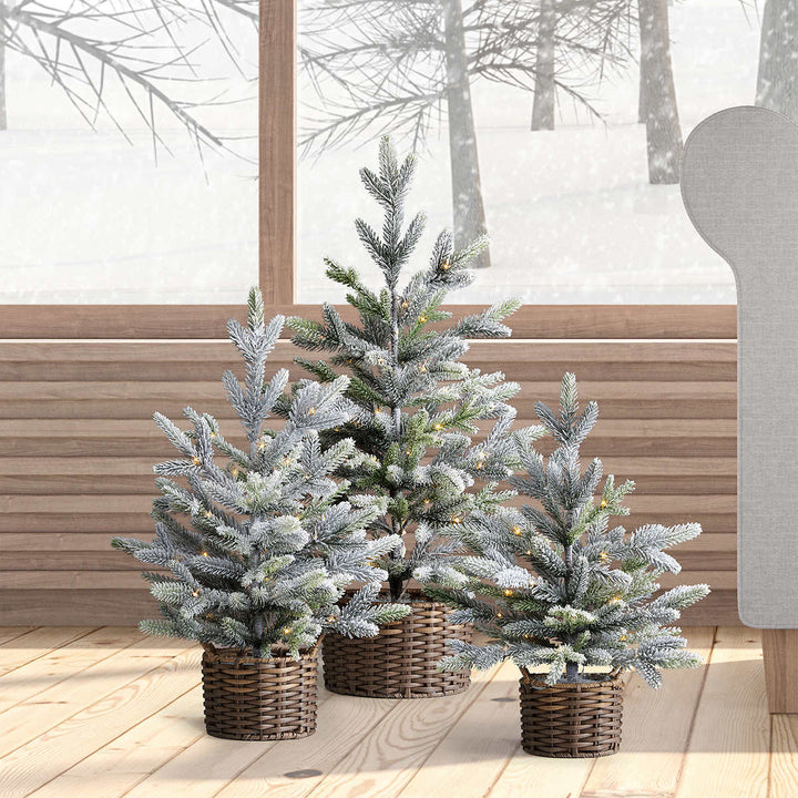 3 arbres floqués avec lumières à DEL fonctionnant sur piles