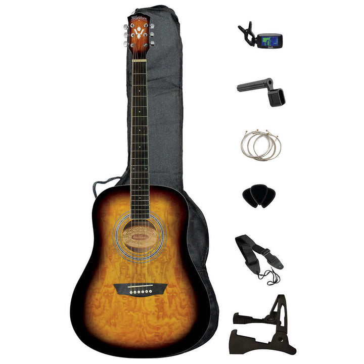 Washburn - Ensemble de guitare acoustique en placage d'érable ondé couleur tabac rétro
